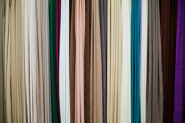 Window curtain, large selection of curtain fabrics, textile store - Foto, imagen
