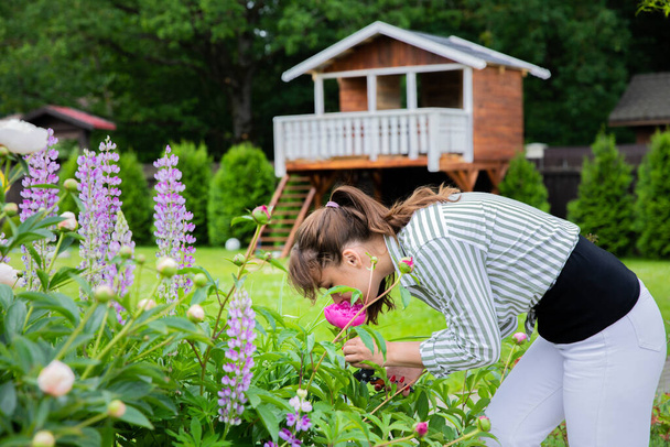 jong brunette vrouw ruiken paars pioen temidden van bloemen van lupine in tuin - Foto, afbeelding