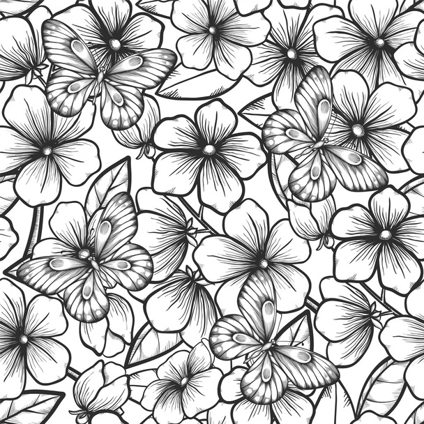 Beautiful black and white seamless background with branches of flowering trees and butterflies. - Vector, Imagen
