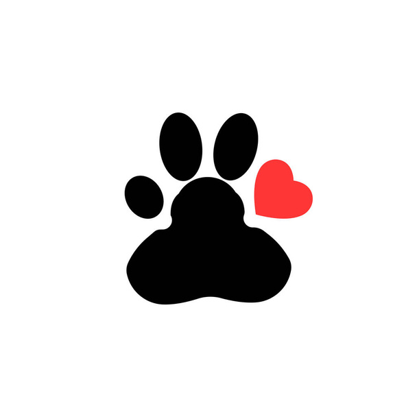 Paw with red heart. Dog paw print. . Black animal paw icon. Love concept. - Photo, Image