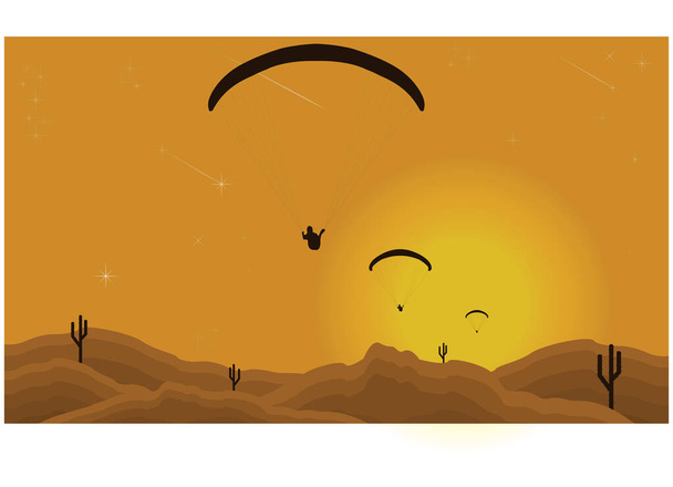 Diseño vectorial parapente sobre el fondo de la puesta de sol sobre el desierto - Vector, Imagen
