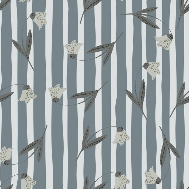 Seamless random pattern with bluebell flowers ornament. Striped background. Grey palette botanic artwork. Designed for fabric design, textile print, wrapping, cover. Vector illustration. - Vector, Image