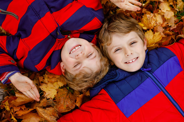 Two little kid boys lying in autumn leaves in colorful fashion fall clothing. Happy healthy siblings having fun in autumn park on warm day. Cute boys and best friends smiling and laughing - Фото, зображення
