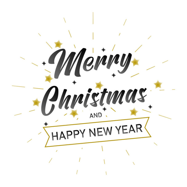 Merry Christmas inscription with gold glittering stars and rays. Christmas lettering design. Xmas decoration. Isolated on white background. Vector. - Vector, imagen