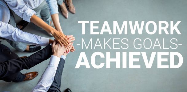 Business People Holding Hands On Gray Background, Above-View, Teamwork Collage - Photo, Image