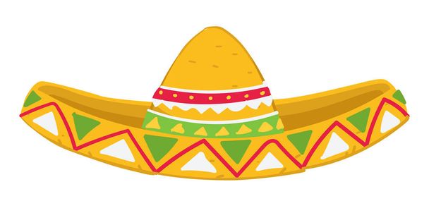 Sombrero decorated with ornaments, lines and dots. Isolated traditional mexican hat, symbol of cinco de mayo. Touristic souvenir, clothes for masquerade. Culture and customs, vector in flat style - Vector, Imagen