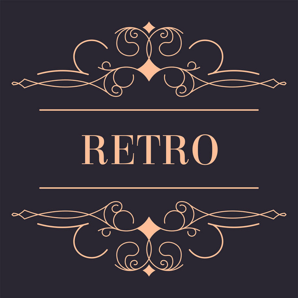 Golden retro logotype with swirly wavy lines and flower ornaments. Isolated icon of logo of luxurious vintage brand, sticker for production or packages. Decorative emblem, vector in flat style - Vector, Imagen