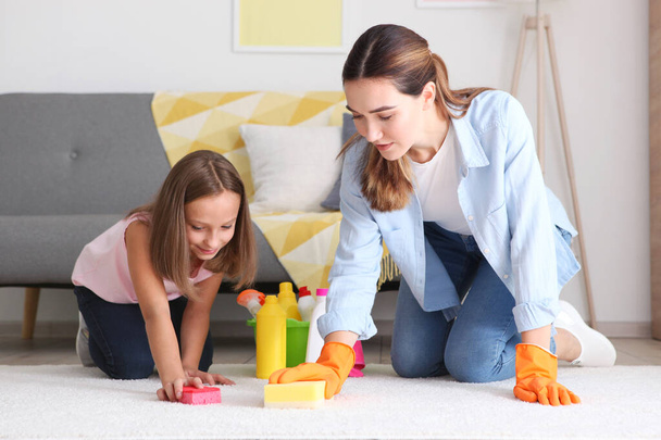 Mutter und Tochter putzen gut gelaunt das Haus mit Desinfektionsmitteln und Reinigungsmitteln - Foto, Bild