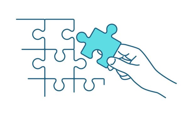 Hand assembling puzzle in thin line - Vector, Image
