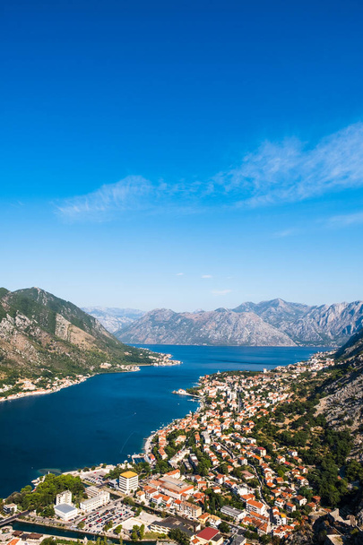 Panoramic view of Kotor old town and bay of Kotor from old castle. Balkans, Adriatic sea, Europe. - Фото, изображение