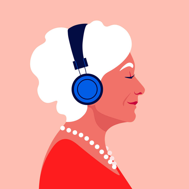 Oudere vrouw luistert naar muziek op koptelefoon. Muziektherapie. Grootmoeders profiel. Musicus avatar zijaanzicht. Vector platte illustratie - Vector, afbeelding