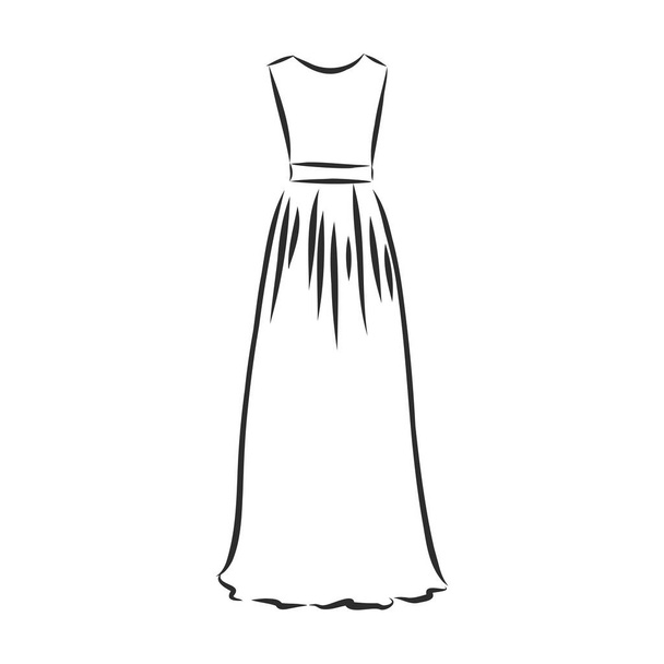 Raccolta di schizzi di abiti da donna. Illustrazione vettoriale disegnata a mano. disegno contorno nero isolato su sfondo bianco - Vettoriali, immagini