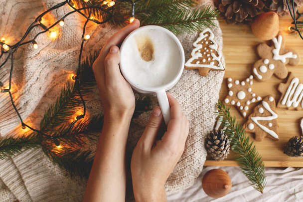 Hands holding warm coffee on background of christmas gingerbread cookies, cozy knitted sweater, fir branches with pine cones and lights. Hello winter. Merry Christmas and Happy Holidays! - Valokuva, kuva