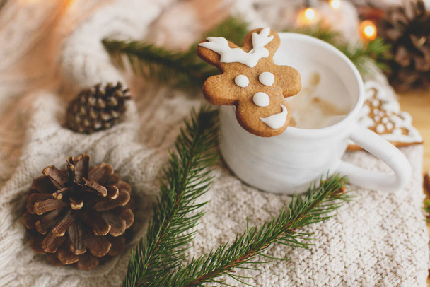 Christmas  gingerbread reindeer cookie on aromatic coffee on background of cozy knitted sweater, pine cones, fir branches and warm lights. Hello winter. Merry Christmas and Happy Holidays! - Photo, Image