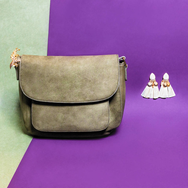 Bolsa de couro mulher cor com brincos isolados - Foto, Imagem