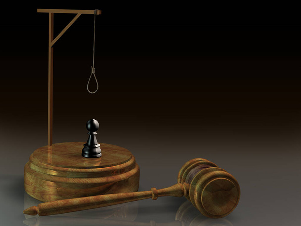 De hamer van gerechtigheid en het zwart-wit schaakstuk Koningin onder de galg. Het concept van het straffen van verraderlijke ambtenaren. 3D-weergave. - Foto, afbeelding