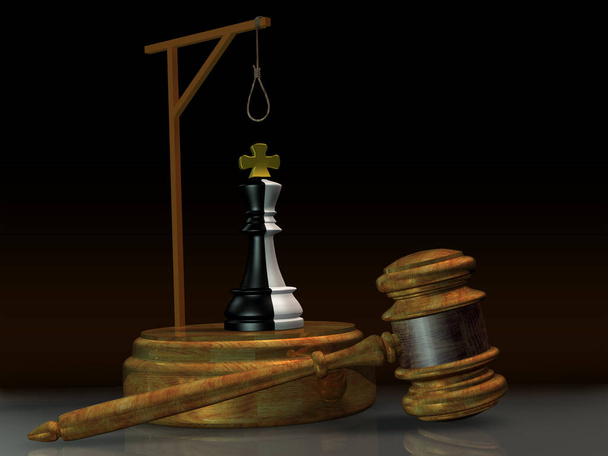 The hammer of justice and the black-and-white chess piece of the black - and-white king under the gallows. The concept of punishing the head of the people. 3D rendering. - Photo, Image