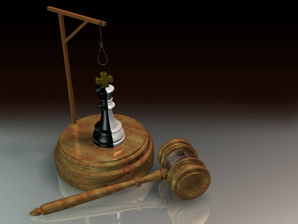 The hammer of justice and the black-and-white chess piece of the black - and-white king under the gallows. The concept of punishing the head of the people. 3D rendering. - Photo, Image