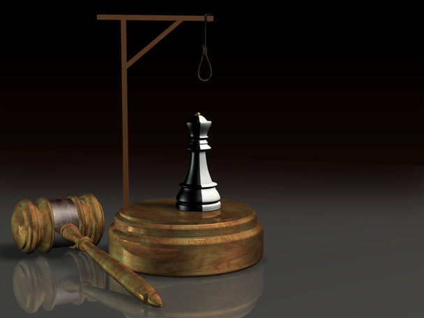 Молот правосудия и черно-белая шахматная фигура Королева под виселицей. Концепция наказания предательских чиновников. 3D рендеринг. - Фото, изображение