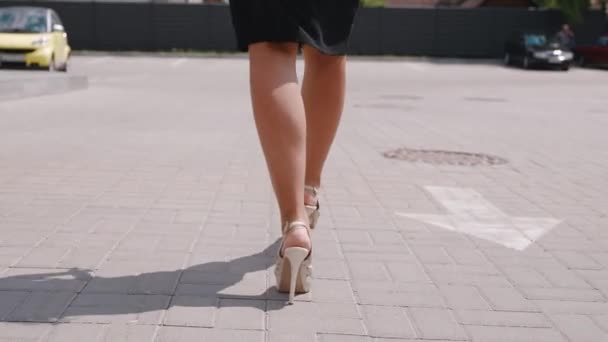 Womens legs in good shape in a black skirt and high heels close-up go in the street. Shot with steadicam 4k - Кадри, відео
