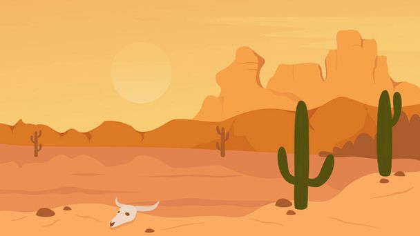 Paisaje natural desértico mexicano, de Texas o Arisona, paisaje desértico seco de dibujos animados con rocas de montaña, cactus y cráneo - Vector, Imagen