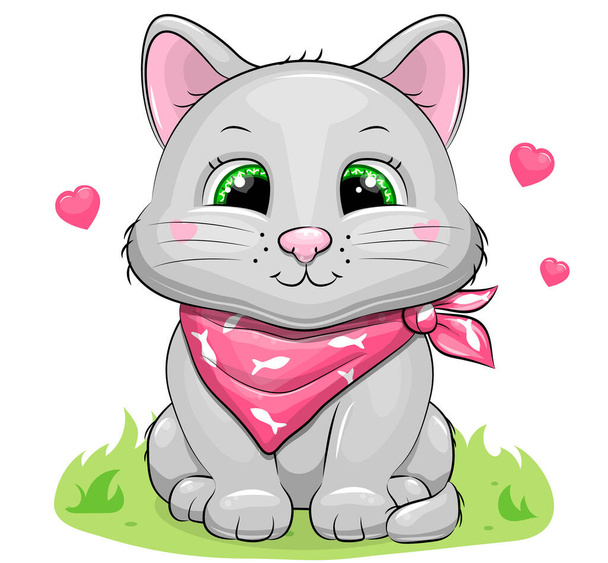 Carino il gattino dei cartoni animati in sciarpa rosa. Illustrazione vettoriale di animale isolato su bianco.  - Vettoriali, immagini