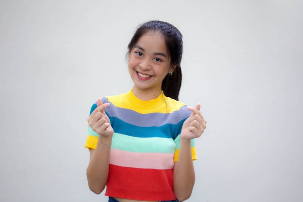 asia thai teen color t-shirt beautiful girl give heart - 写真・画像