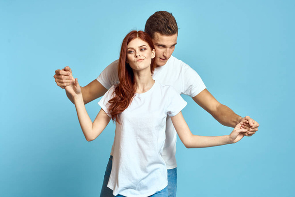 Man and woman family relationship blue background love cropped view romance - Photo, Image