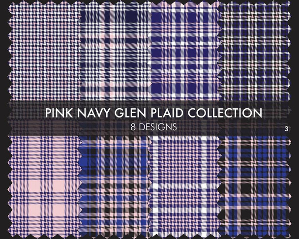 Rosa Navy Glen Plaid Tartan collezione di modelli senza soluzione di continuità comprende 8 disegni per tessuti di moda e grafica - Vettoriali, immagini
