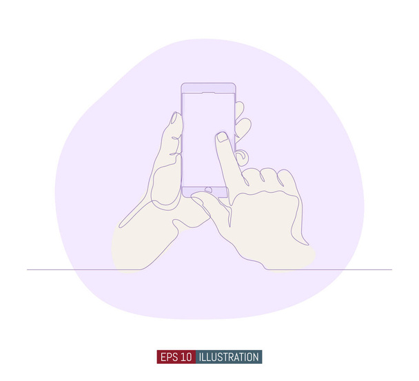 Continuous line drawing of hands holding phone. Abstract smart phone silhouette. Template for your design. Vector illustration. - Vector, Image