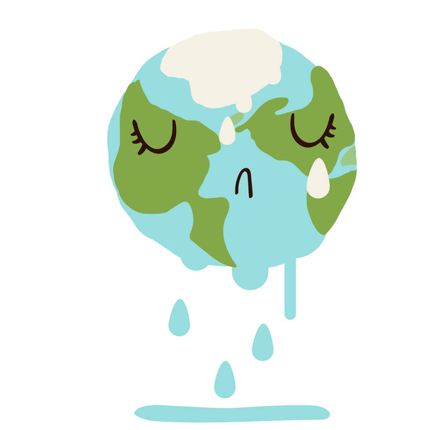 Sad cute planet earth melting down and crying. Global warming climate change concept vector illustration isolated on white. - Διάνυσμα, εικόνα