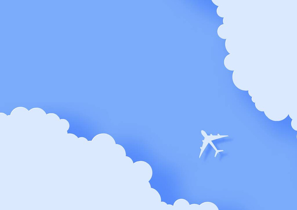 Silhueta de um avião de passageiros voando no céu em estilo de corte de papel. 3d cortado de nuvens de papelão e avião no céu azul. Vista superior origami paisagem. Conceito de ilustração de viagem vetorial. - Vetor, Imagem