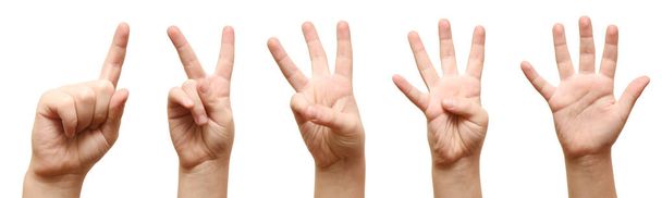 A gyerekek kezei ujjakat mutatnak. Ujj pontok közelről fehér háttér. - Fotó, kép