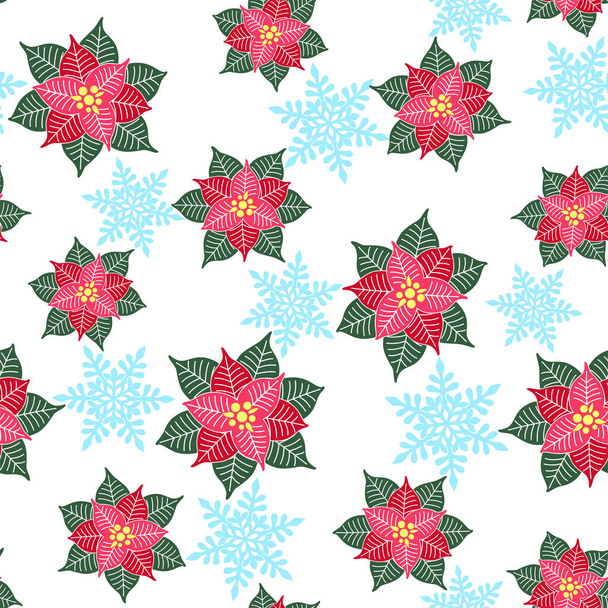 Flores de poinsettia abstractas y copos de nieve calados azules sobre un fondo blanco. Patrón sin costura vectorial para el diseño festivo, papel pintado de Navidad y Año Nuevo, pancarta, empaquetado, envoltura, papel de envolver, impresión en tela y textiles. Plantilla diseño - Vector, imagen