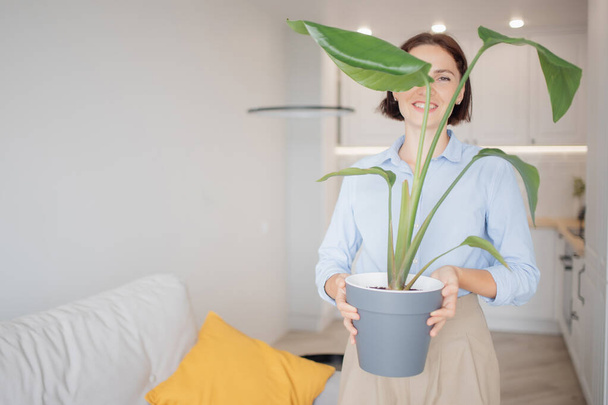 Online sale of houseplants through Internet and websites. Girl smiles and holds flower in pot - Fotoğraf, Görsel