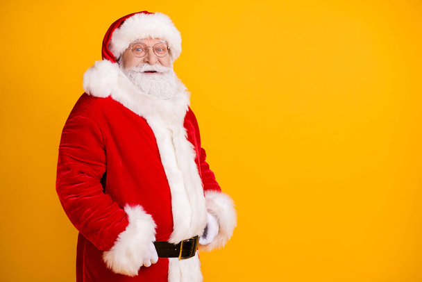 Ho-ho-ho. Bearded magic fairy miracle santa claus with big belly abdomen touch black belt wear style stylish trendy christmas newyear outfit isolated bright shine color background - Foto, Imagem