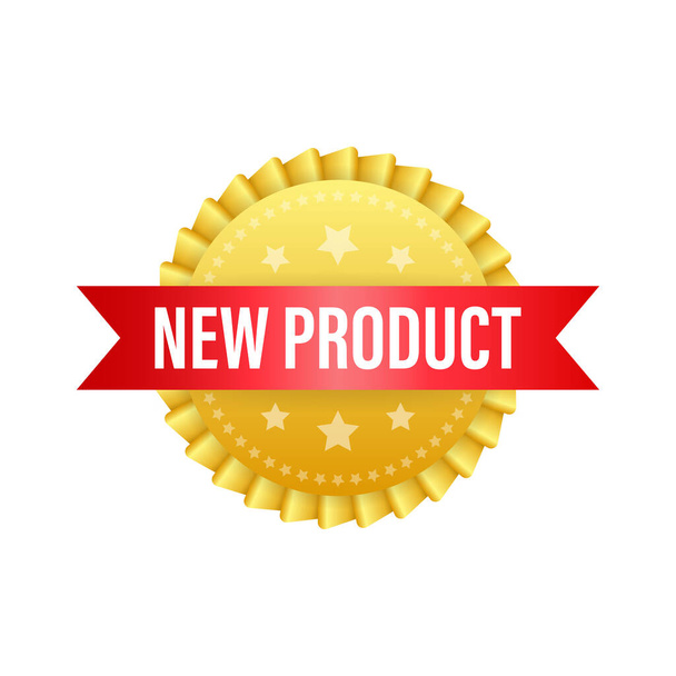 New product on gold label. Product promotion, sale. Banner sale. Vector stock illustration. - Vector, Imagen