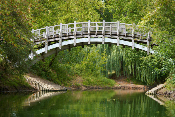  Puente de madera a la Isla Marie en el Rotehornpark de Magdeburgo                               - Foto, imagen