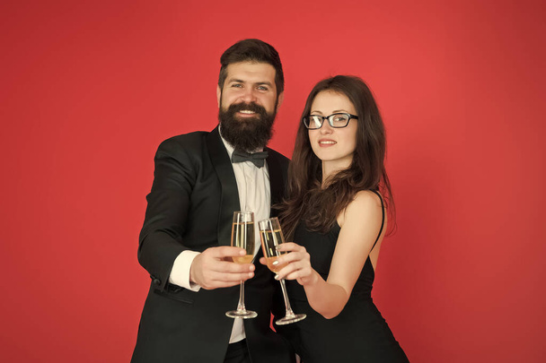 Occasion to celebrate. Couple in love drink sparkling wine. Spouse hold glass. Family celebrate Valentines day. Romantic relationship. Happy marriage anniversary. Love concept. Celebrating their love - Foto, Imagem