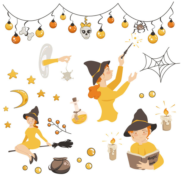 Zestaw Halloween z czarownicami i upiornymi dekoracjami - Wektor, obraz