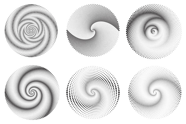 Gevlekte Halftone Vector Spiraal Patroon of Textuur. Stippel stippen achtergronden met cirkels - Vector, afbeelding