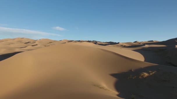 hermoso avión aéreo drone disparo sobre dunas de arena en gobi desierto hora dorada - Metraje, vídeo
