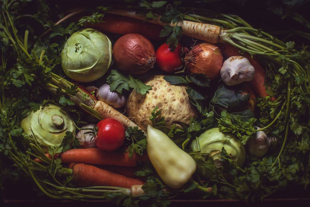verdure miste fotografate in scarsa luce su una teglia rustica - Foto, immagini
