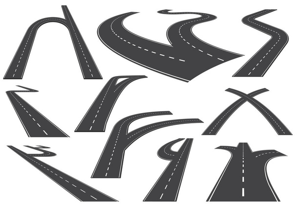 Estradas de dobra, rodovias ou estradas. Coleção de elementos de design de estradas sinuosas com marcações brancas. Asfalto curvas estrada, voltas, bancos e perspectivas. Conjunto de estradas curvas e retas da cidade - Vetor, Imagem