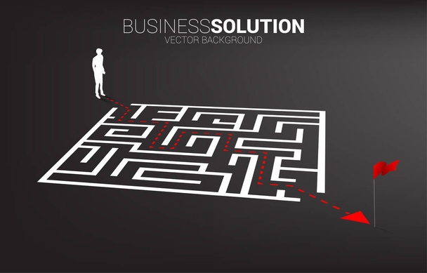 Silhouette of businessman with route path to exit the maze. Business concept for problem solving and finding idea. - Vector, Image