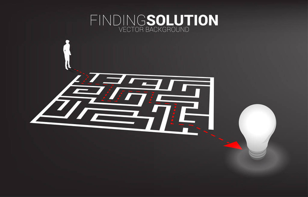 Silhouette of businessman with route path to exit the maze to light bulb. Business concept for problem solving and finding idea. - Vector, Image