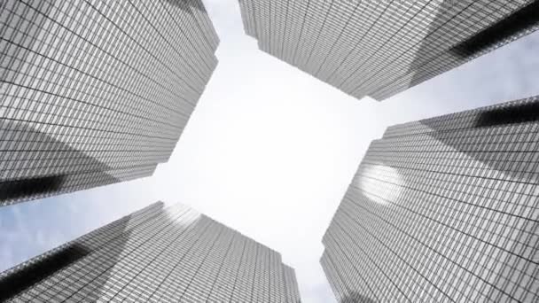 明るい晴れた日にビジネス街の高層ビルの上を飛行機が飛ぶ-ボトムビュー。ビジネスと金融の成功の概念。4k解像度の3Dアニメーション(3840 x 2160 px)  - 映像、動画