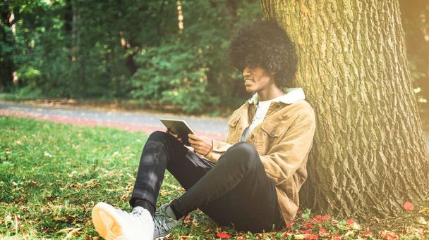 Young African American man using tablet in park. - Foto, immagini
