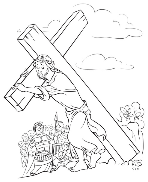 Black and white illustration of Jesus Christ carrying cross - Vector, Image