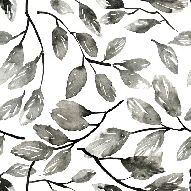 水性・墨色の木の葉のイラスト。東洋伝統絵画。シームレスなパターン. - 写真・画像